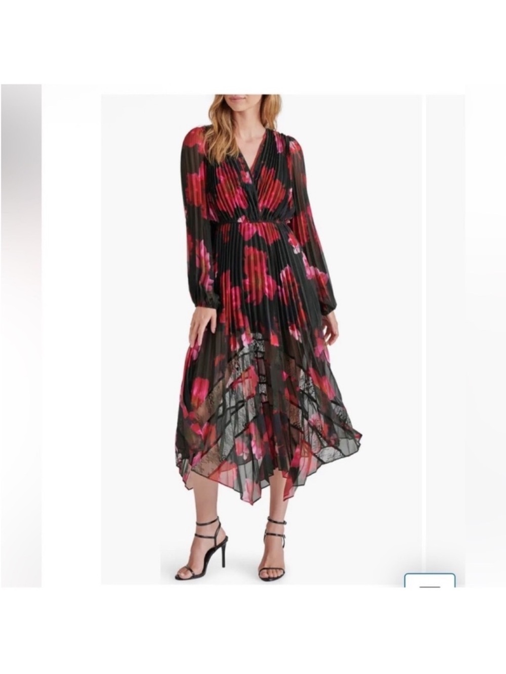 Steve Madden Ari Floral Pleated Chiffon & Lace Maxi/Midi Dress Sz S Black Pink